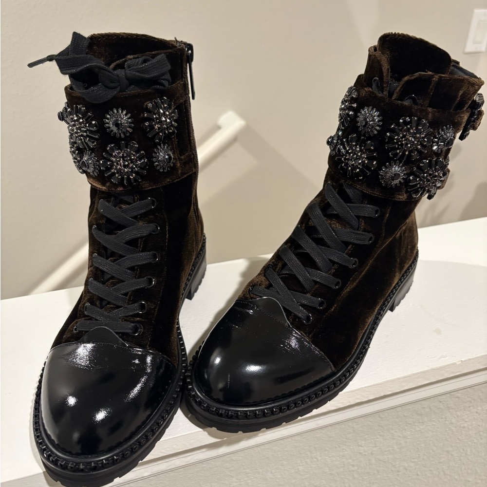 Kurt Geiger London Embellished Combat Boots Velvet Leather Buckle